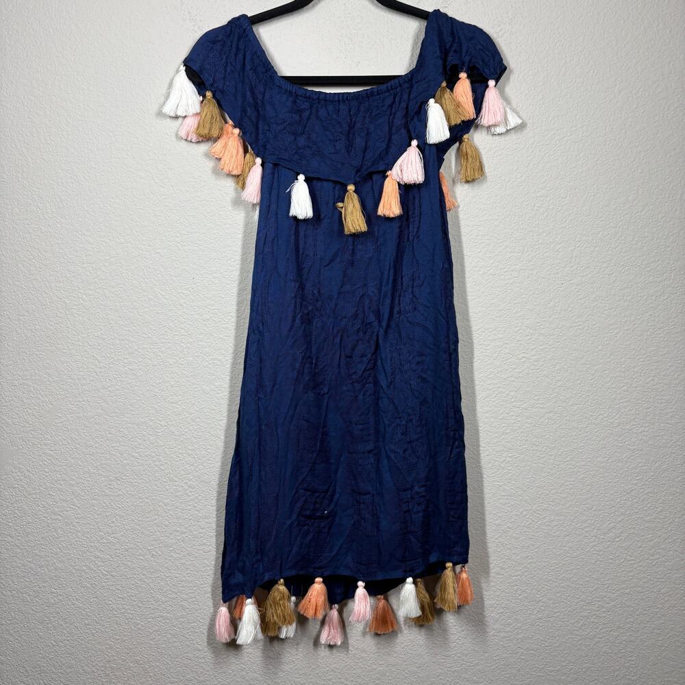 Chloe Oliver XS Palm Beach Tassel Off The Shoulder Summer Boho Dress Navy Rayon - Picture 3 of 9